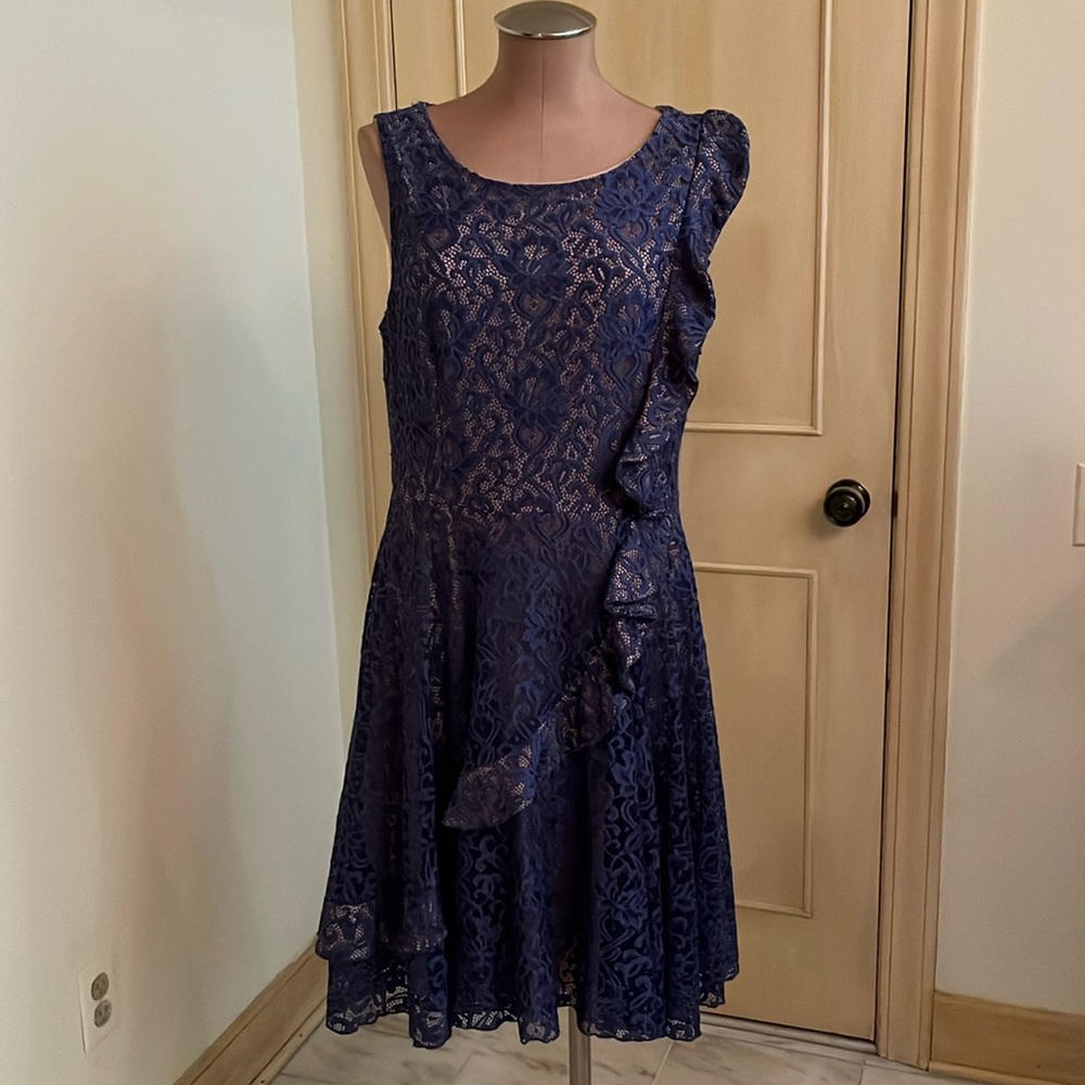 EVA FRANCO Wedding Guest/Party Blue Lace Scoop Sleeveless Cascade Ruffle Midi XL